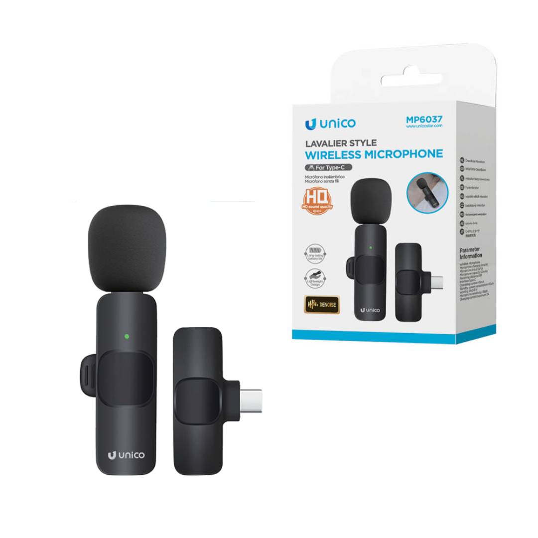 UNICO MP6037 HD BLUETOOTH DINÂMICO MICROFONE DE LAVALIER TIPO C COM CLIPE DE RUÍDO PRETO