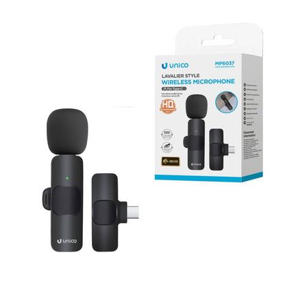 UNICO MP6037 HD BLUETOOTH DINÂMICO MICROFONE DE LAVALIER TIPO C COM CLIPE DE RUÍDO PRETO