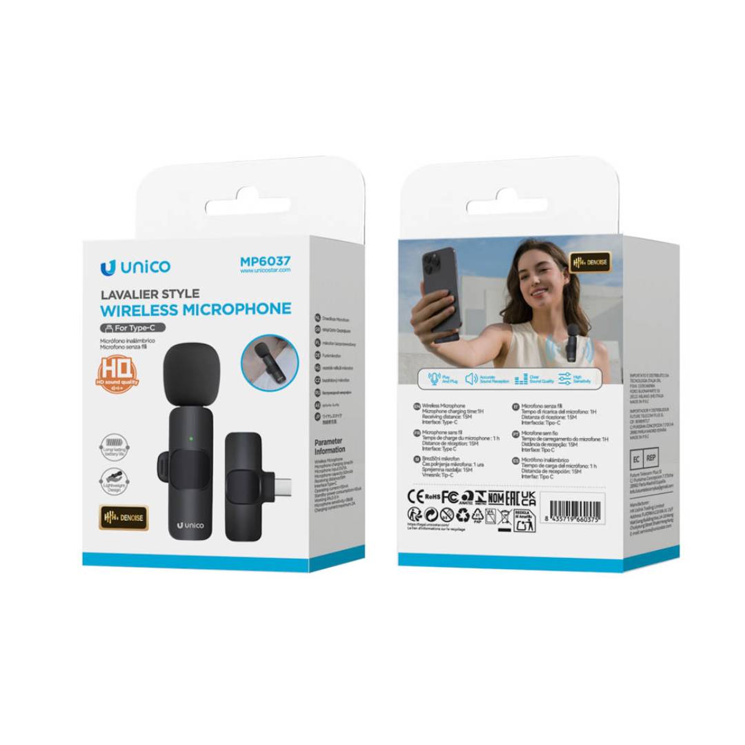 UNICO MP6037 HD BLUETOOTH DINÂMICO MICROFONE DE LAVALIER TIPO C COM CLIPE DE RUÍDO PRETO