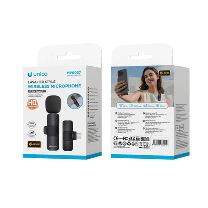 UNICO MP6037 HD BLUETOOTH DINÂMICO MICROFONE DE LAVALIER TIPO C COM CLIPE DE RUÍDO PRETO