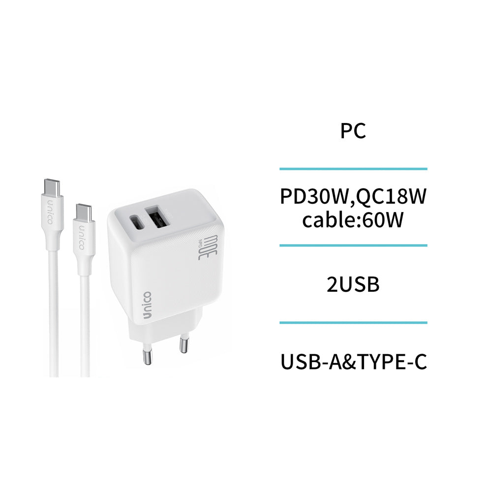 UNICO HC6139 CARGADOR DUAL 1 USB A + 1 TIPO-C PD30W GaN TUV GS CABLE TIPO-C