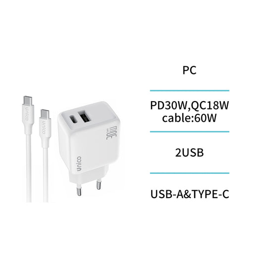 UNICO HC6139 CARGADOR DUAL 1 USB A + 1 TIPO-C PD30W GaN TUV GS CABLE TIPO-C