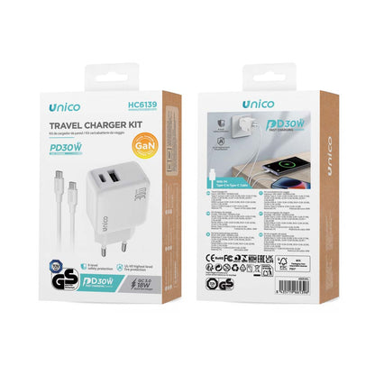 UNICO HC6139 CARGADOR DUAL 1 USB A + 1 TIPO-C PD30W GaN TUV GS CABLE TIPO-C