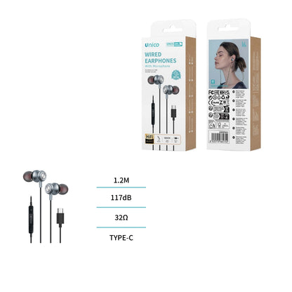 UNICO EP6175 AURICULARES CABLE TIPO-C IN-EAR MICRO NEGRO
