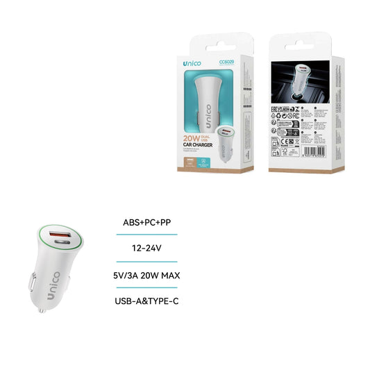 UNICO CC6029 CARGADOR COCHE DUAL USB + TIPO-C 3A BLANCO