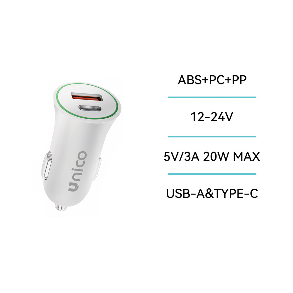 UNICO CC6029 CARGADOR COCHE DUAL USB + TIPO-C 3A BLANCO