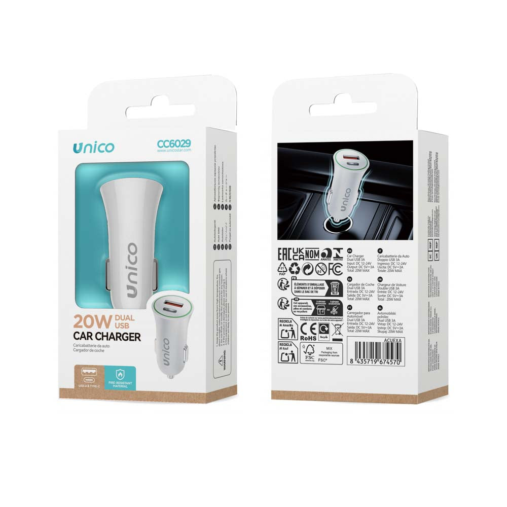 UNICO CC6029 CARGADOR COCHE DUAL USB + TIPO-C 3A BLANCO