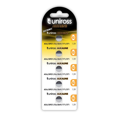 BATERIA DE BOTÃO ALCALINA UNIROSS AG6 LR69/LR921 BLISTER*5